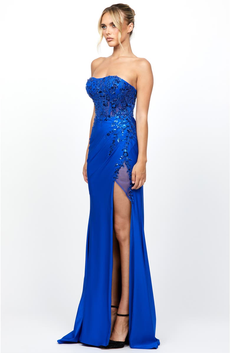 Bariano Madeleine Strapless High Split Gown, Alternate, color, 