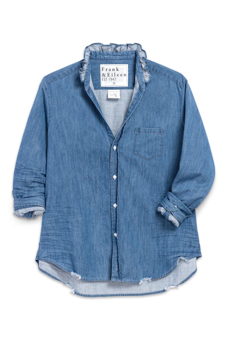 Ruffle Collar Relaxed Button Up Shirt, Alternate, color, VINTAGE STONEWASHED INDIGO