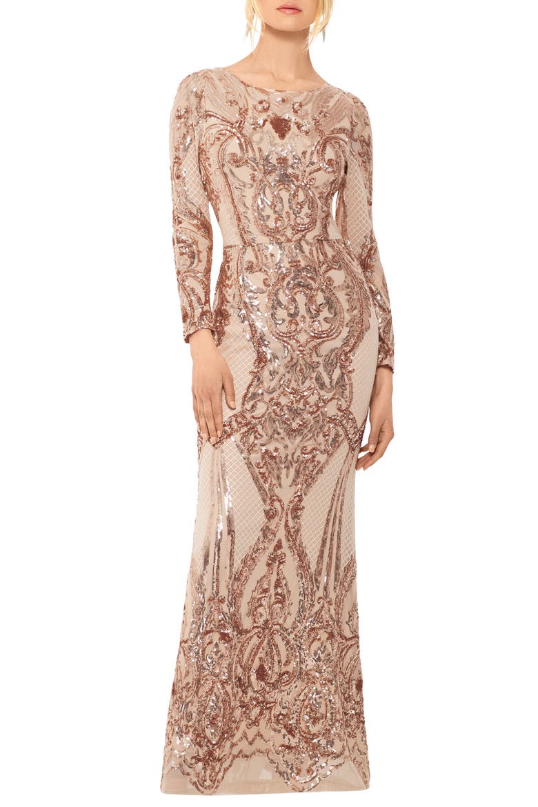 Sequin Long Sleeve Column Gown, Main, color, CHAMPAGNE
