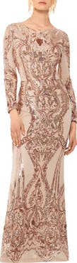 Betsy & Adam Sequin Long Sleeve Column Gown
