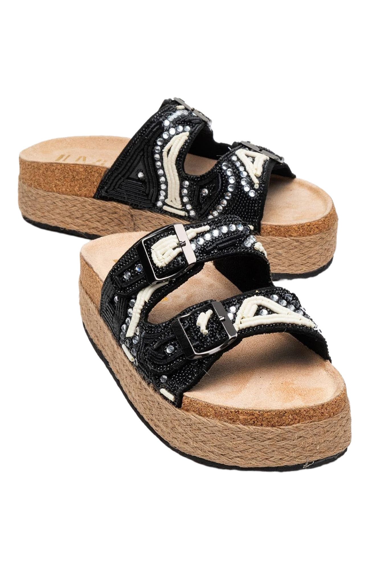 Prologue Shoes Bobby Beaded Straw Platform Slide Sandal, Main, color, Black Faux Leather
