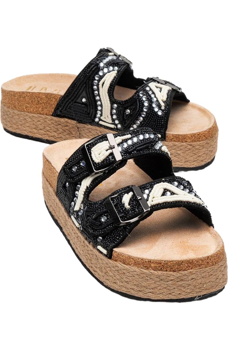 Prologue Shoes Bobby Beaded Straw Platform Slide Sandal, Main, color, Black Faux Leather
