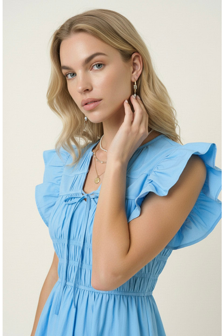 Smocked Mini Dress with Ruffle Sleeves and Front Tie Detail, Alternate, color, Blue