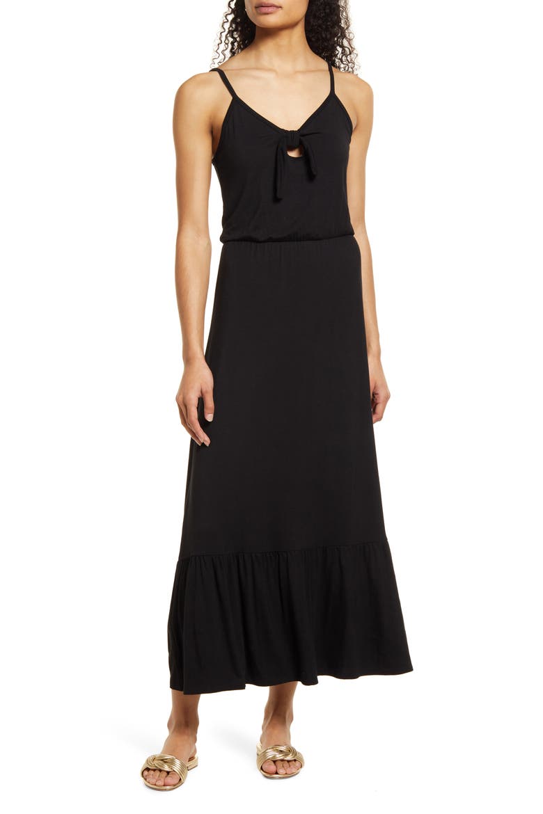 Tie Front Maxi Sundress, Main, color, BLACK