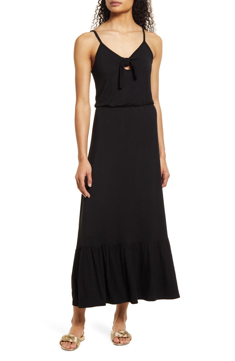 Loveappella Tie Front Maxi Sundress, Main, color, Black