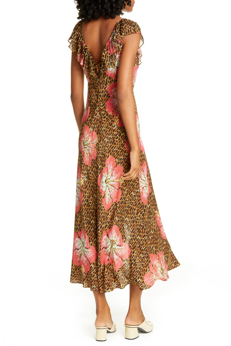 Antoinette Floral & Giraffe Print Silk Blend Midi Dress, Alternate, color, HAWAII GIRAFFE CAMEL CORAL