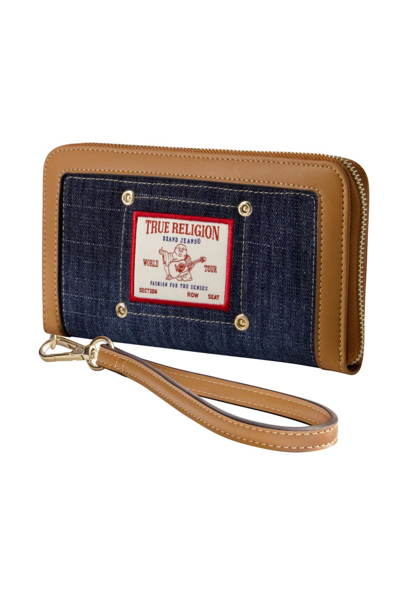 True Religion Buddha Patch Zip Around Wristlet, Alternate, color, Dark Denim