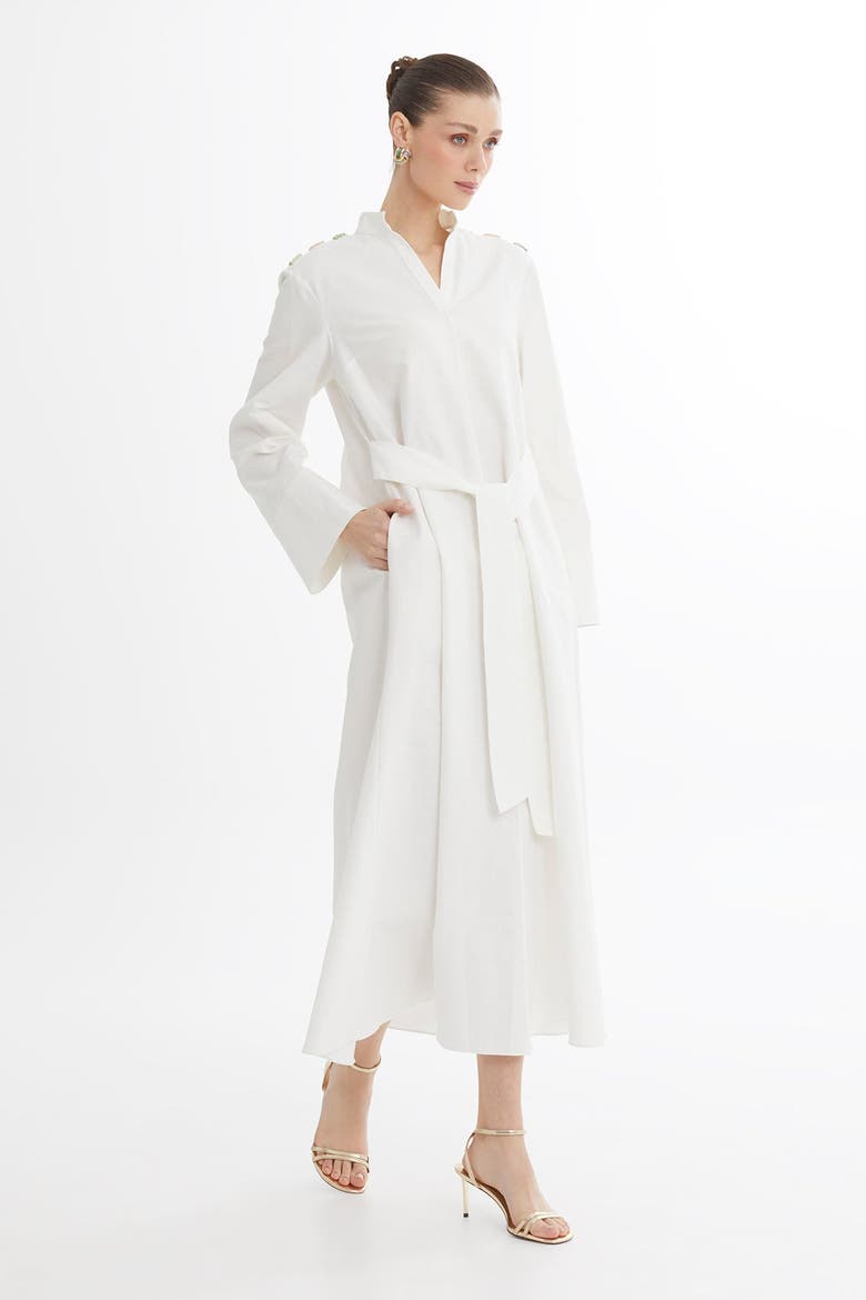 Ecru Bone Button Detail Midi Dress With Beaded Belt, Alternate, color, Beige