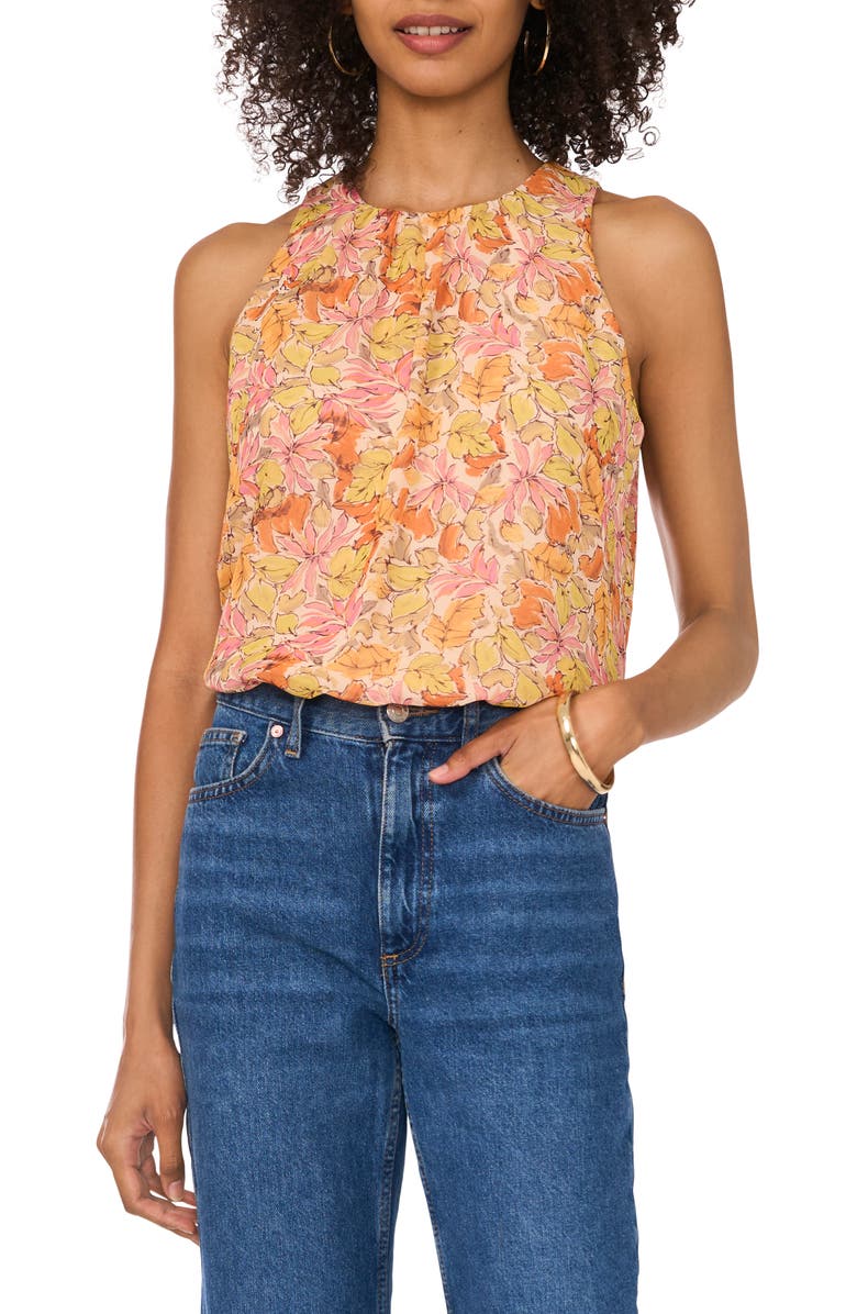 Vince Camuto Floral Shirred Neck Sleeveless Chiffon Top, Main, color, 