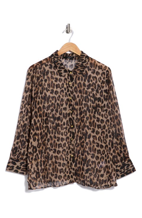 Clip Dot Leopard Spot Button-Up Shirt (Plus)