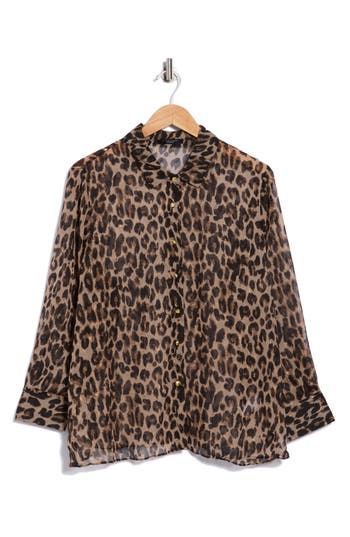 T Tahari Clip Dot Leopard Spot Button-up Shirt In Brown