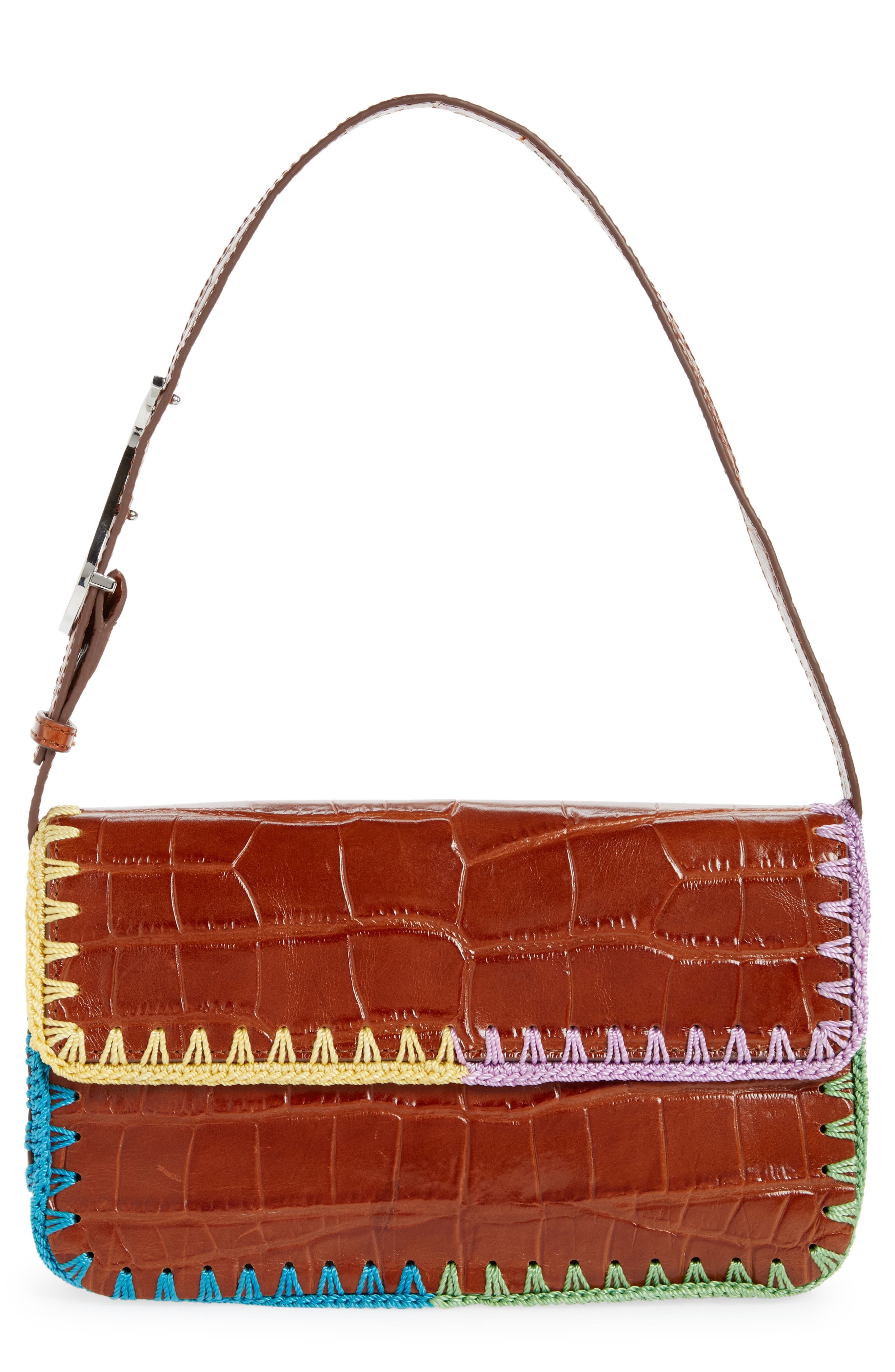 STAUD Tommy Crochet Edge Croc Embossed Leather Shoulder Bag, Main, color, 