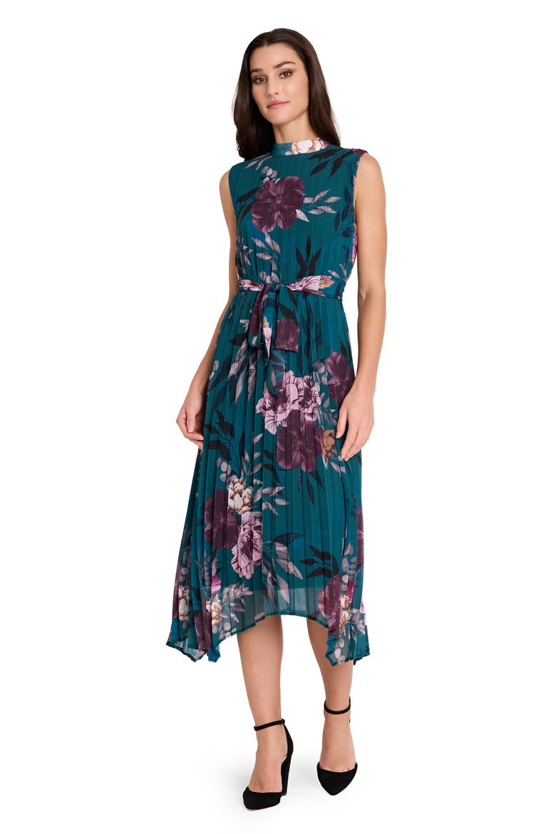 Floral Pleated Midi Dress, Alternate, color, OCEAN TEAL