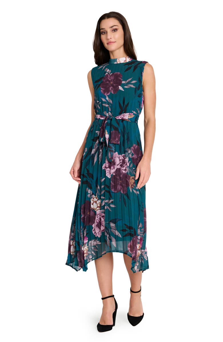 Tahari ASL Floral Pleated Midi Dress, Alternate, color, Ocean Teal