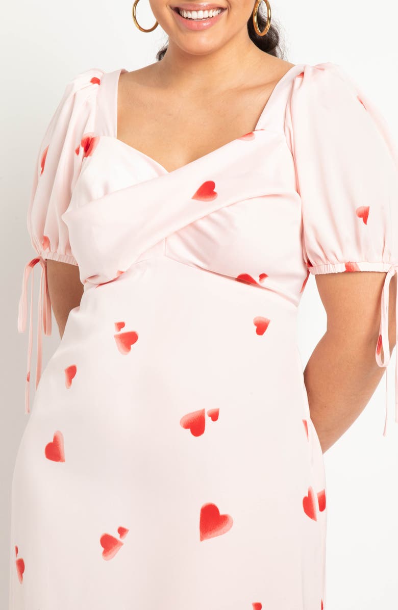 ELOQUII Heart Print Puff Sleeve Satin Midi Dress, Alternate, color, 