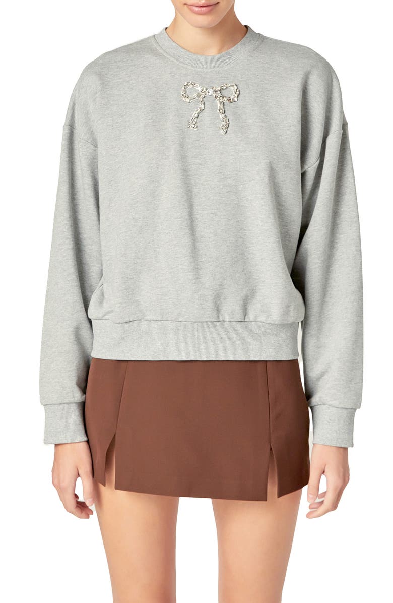 English Factory Embellished Bow Sweatshirt, Alternate, color, Heather Grey