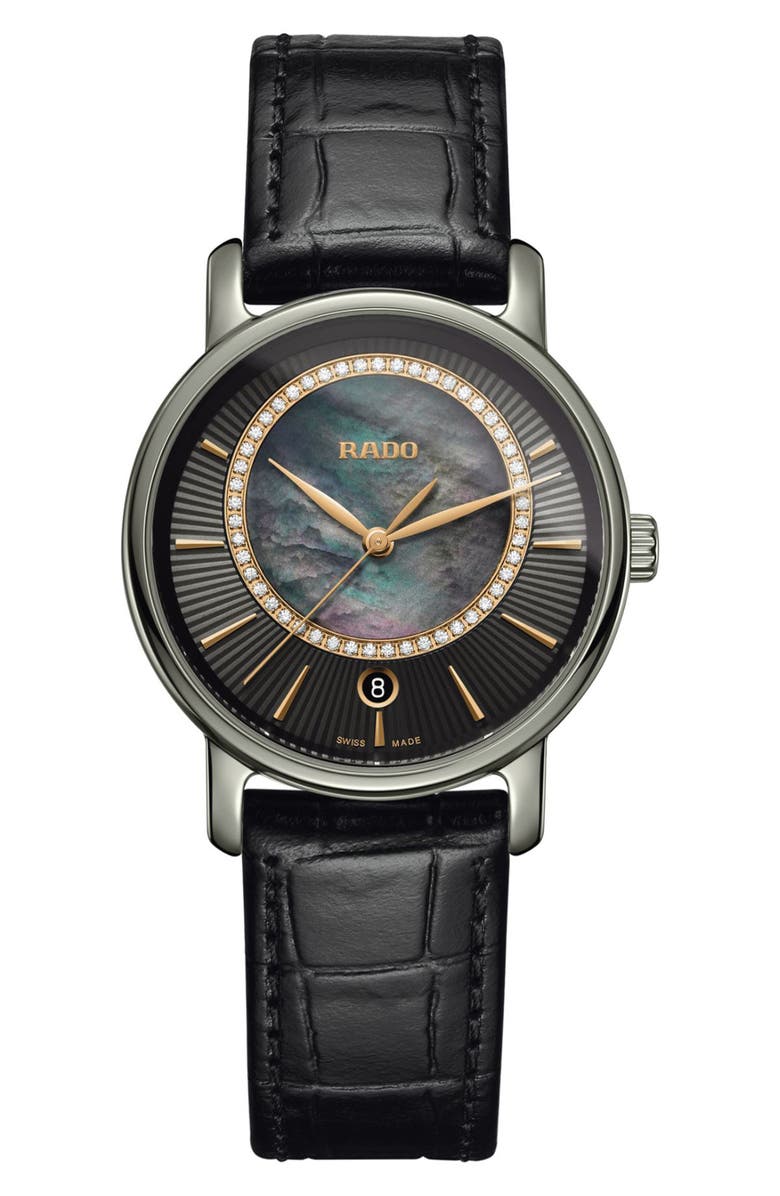 RADO Diamaster Diamond Croc Embossed Leather Strap Watch, 43mm - 0.142ct., Main, color, 