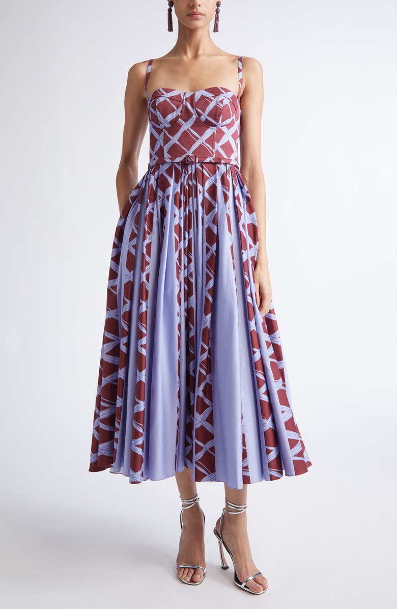 Oscar de la Renta Wavy Plaid Stretch Cotton Bustier Dress, Main, color, Burgundy/ Blue