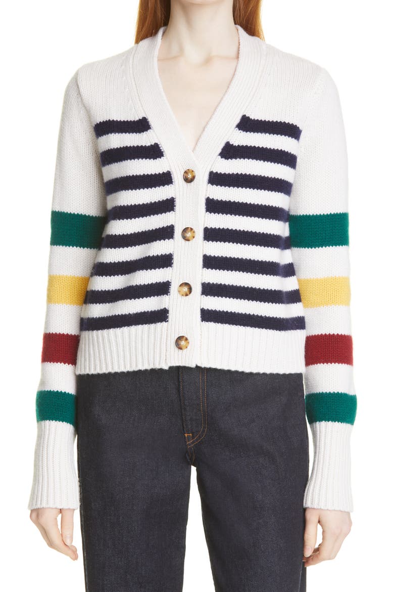 Marin Stripe Wool & Cashmere Cardigan, Main, color, CREAM/ NAVY/ HUN
