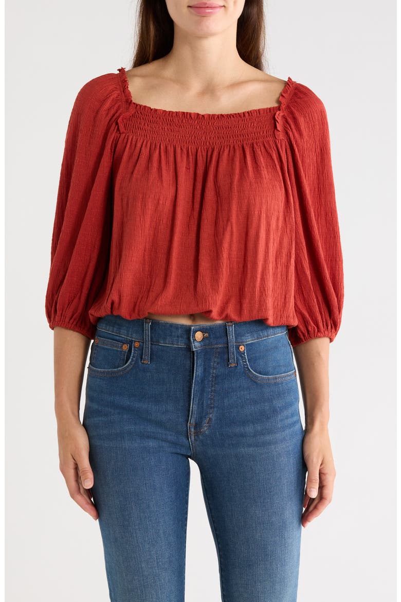 Crinkled Balloon Sleeve Bubble Hem Top, Main, color, TERRACOTTA
