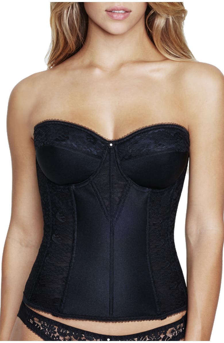 Dominique Intimates Colette Lace Low Back Convertible Corset Longline Bra, Main, color, Black