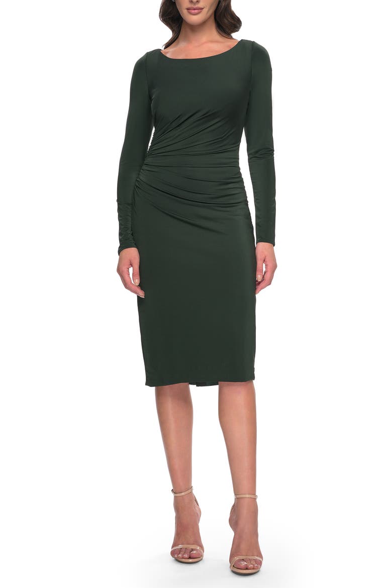 Short Simple Jersey Dress with Flattering Ruching, Main, color, Dark Emerald
