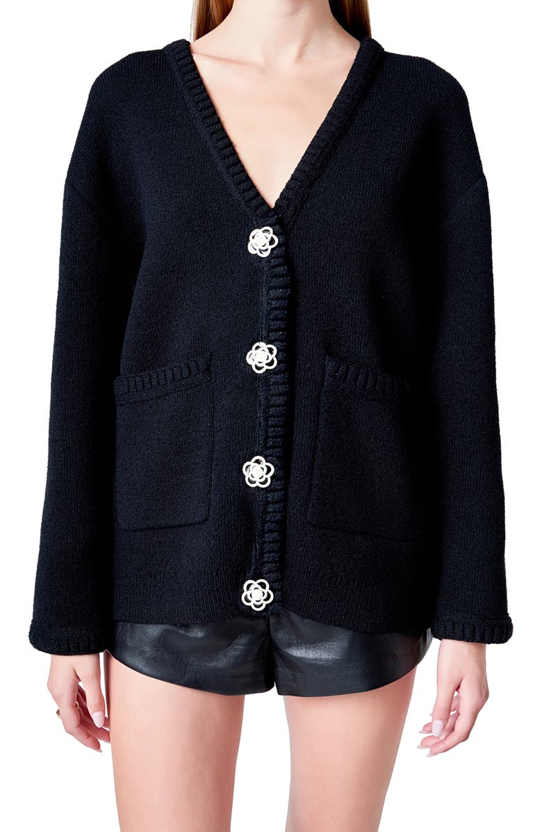 Endless Rose Floral Button V-Neck Cardigan, Alternate, color, Black