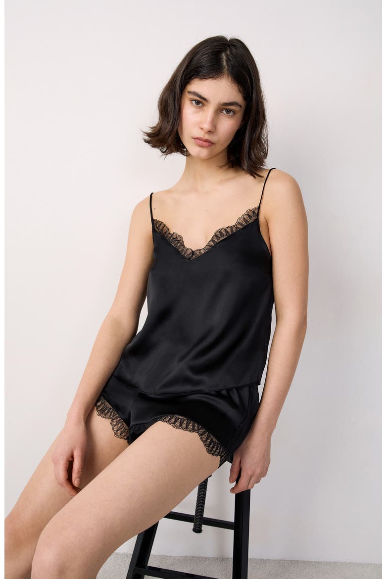 Caraco Lace Trim Silk Camisole, Alternate, color, BLACK