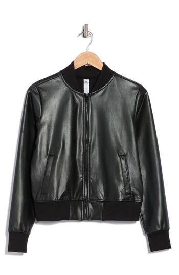 90 Degree By Reflex Faux Leather Crop Bomber Jacket In Black
