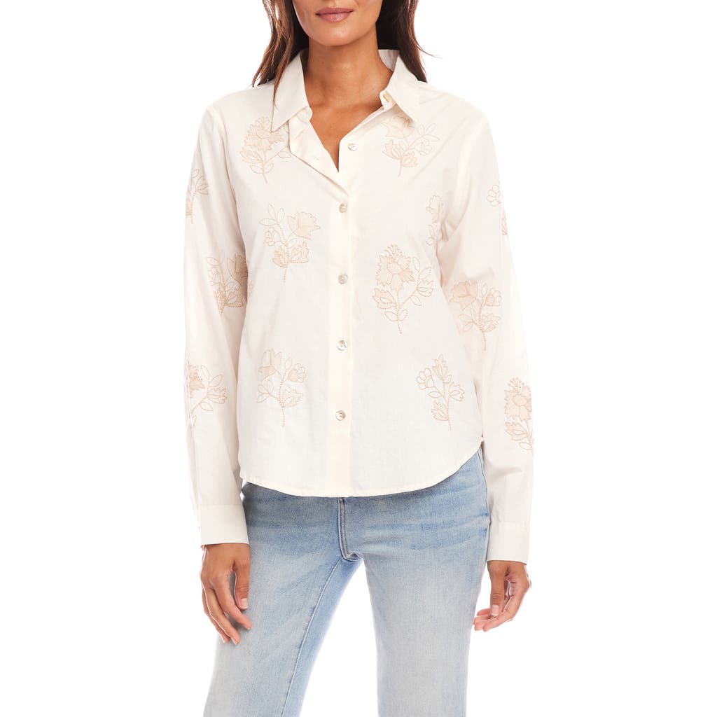 Karen Kane Floral Embroidery Button-up Shirt In Cream