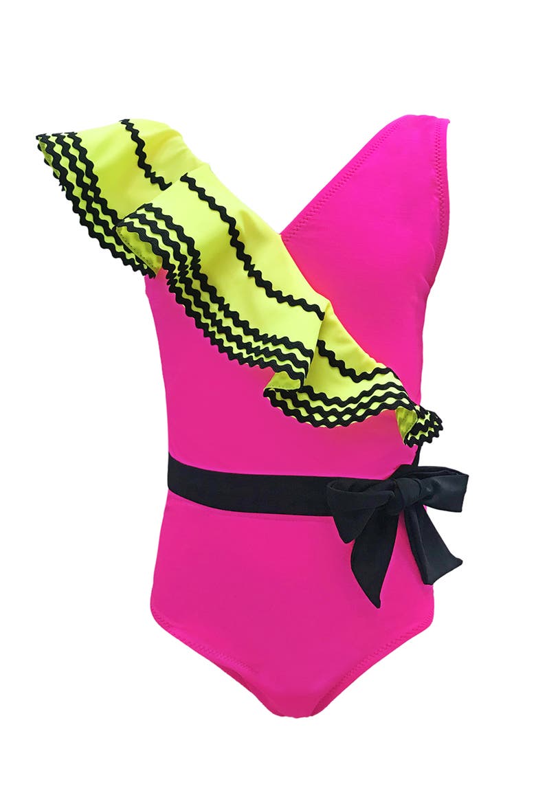 Asymmetrical Ruffle, Belted One Piece Swimsuit, Toddler, Little Kid & Big Kid, Main, color, Pink
