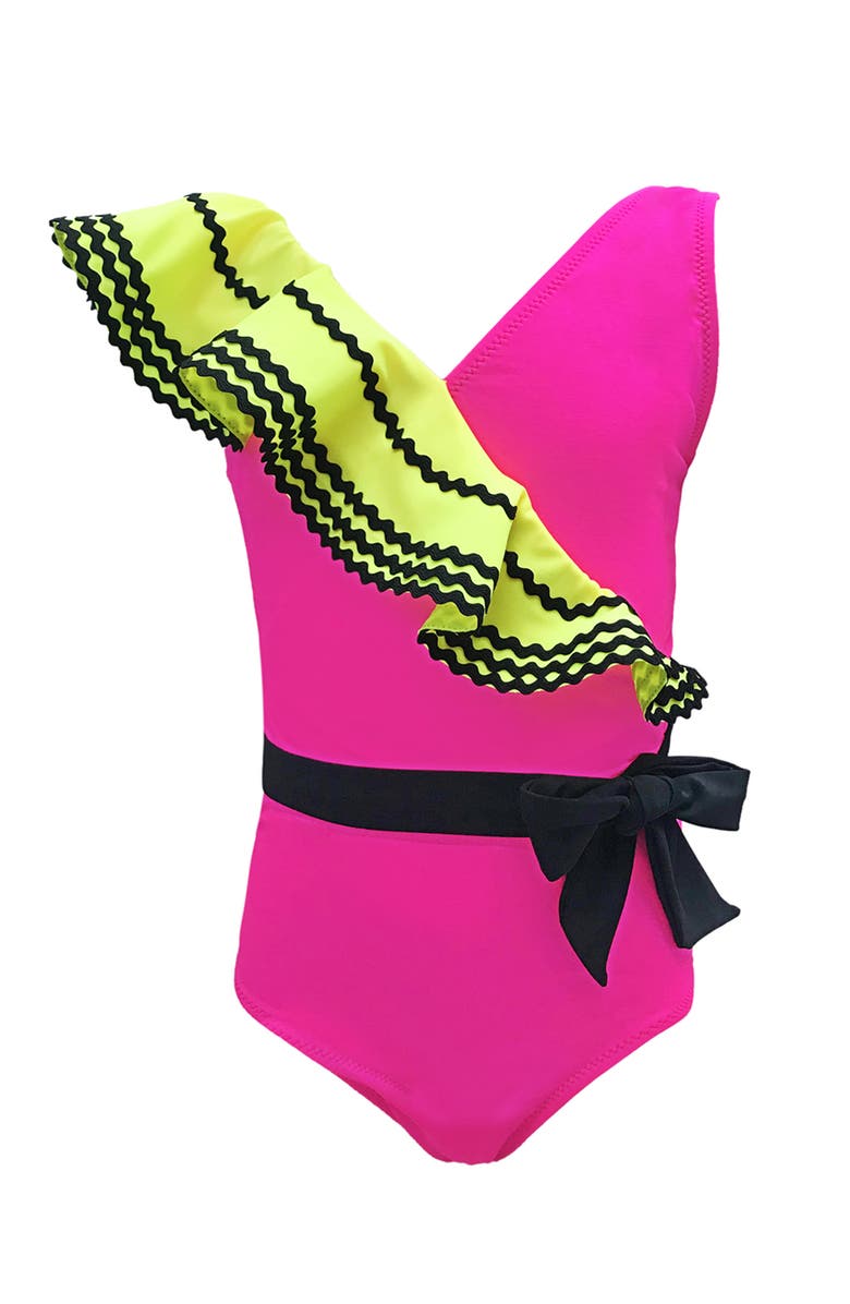NESSI BYRD Asymmetrical Ruffle, Belted One Piece Swimsuit, Toddler, Little Kid & Big Kid, Main, color, Pink