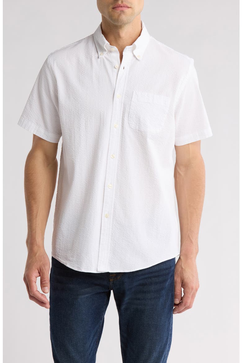 Regular Fit Cotton Seersucker Short Sleeve Button-Down Shirt, Main, color, WHITE