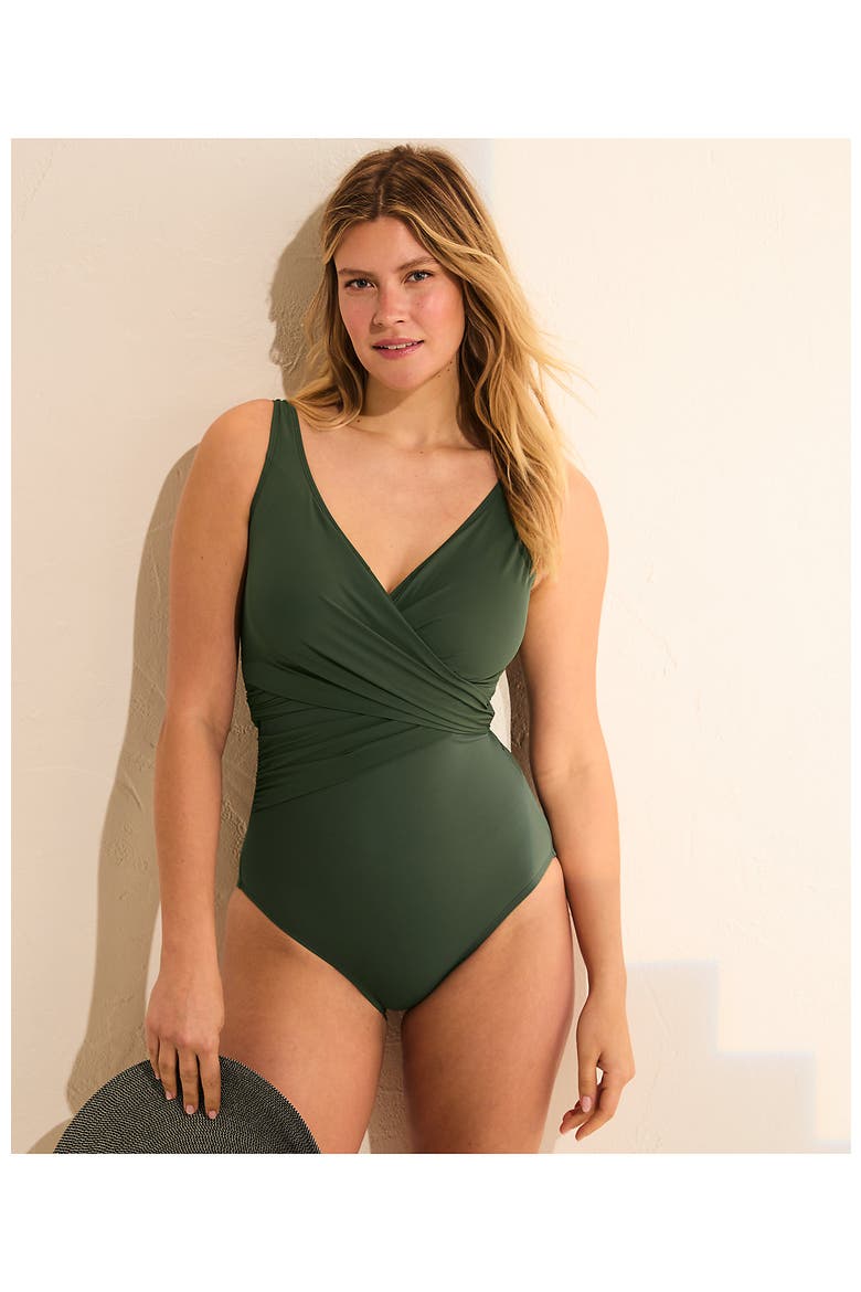 D-Cup Slender Tummy Control Chlorine Resistant V-neck Wrap One Piece Swimsuit, Alternate, color, Rich Olive Green