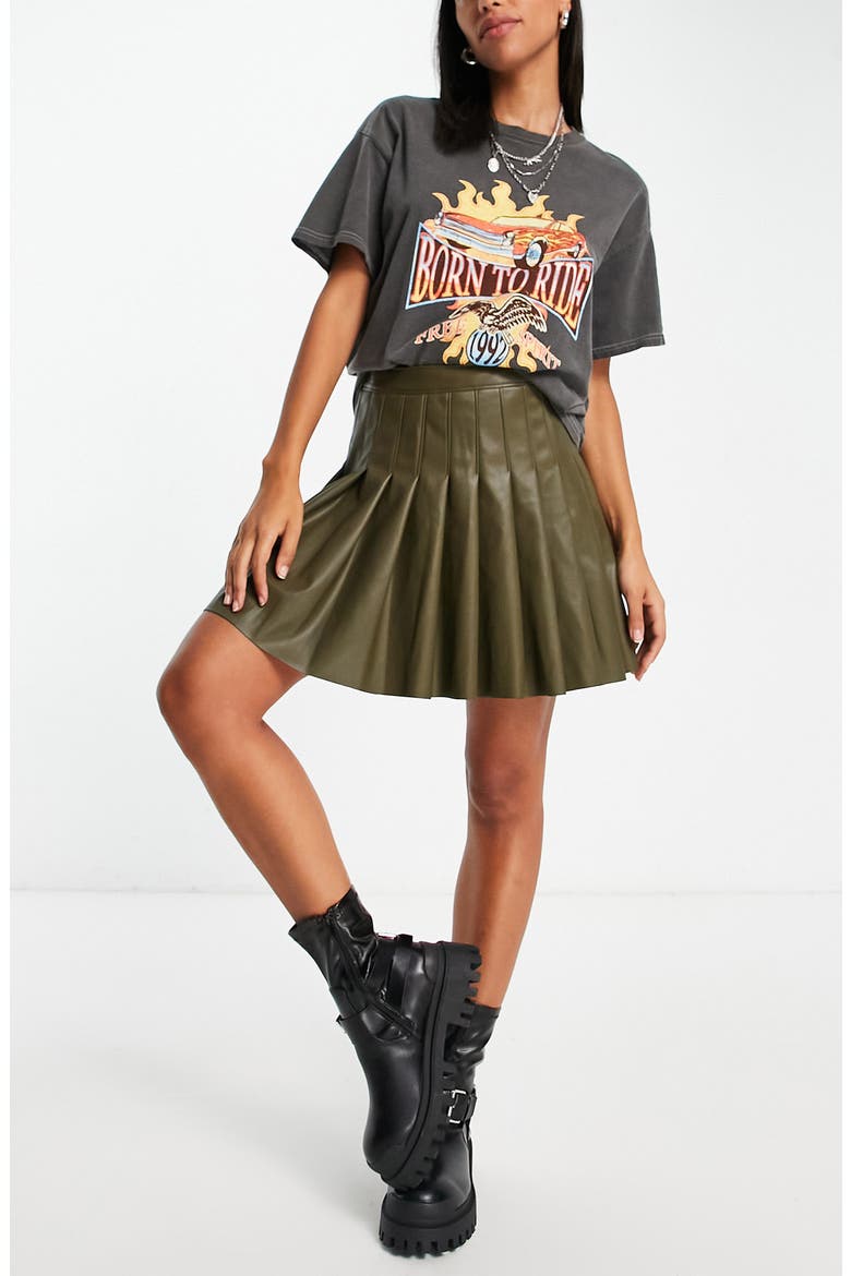 Pleated Faux Leather Miniskirt, Main, color, GREEN