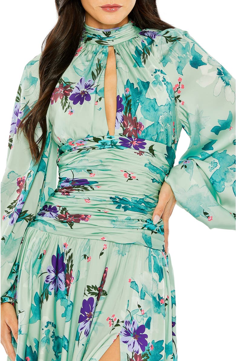 Mac Duggal Floral Print Satin Long Sleeve Keyhole Gown, Alternate, color, Sage Multi