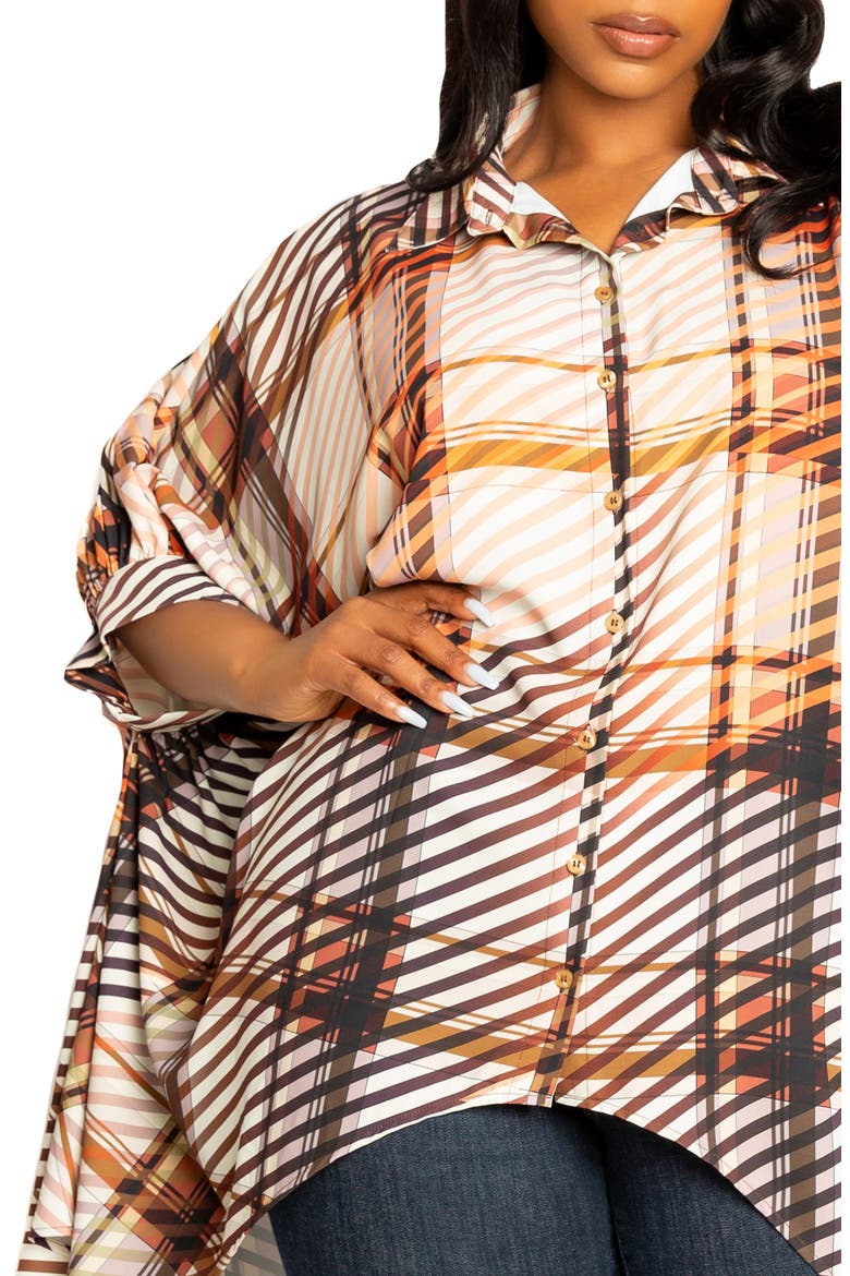 Mixed Geo Print High-Low Button-Up Shirt, Alternate, color, BROWN MULTI