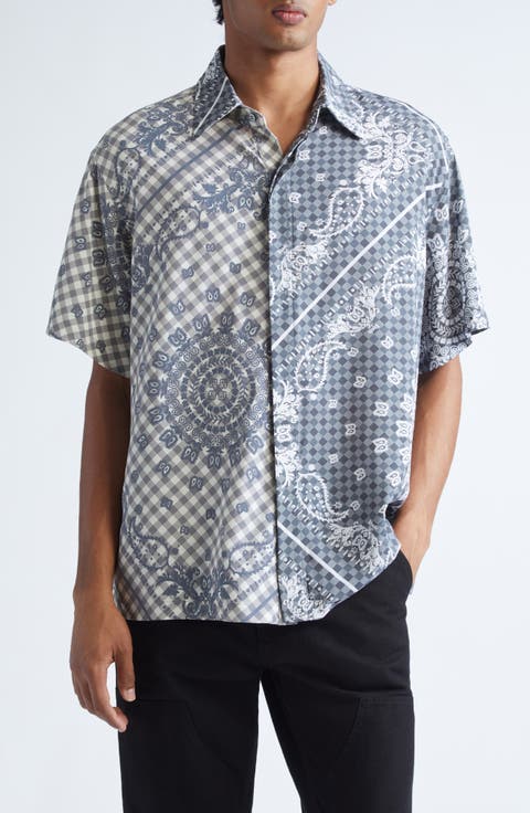 Split Gingham & Bandana Print Short Sleeve Button-Up Shirt