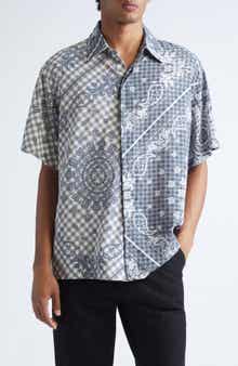 Rhude Split Gingham & Bandana Print Short Sleeve Button-Up Shirt