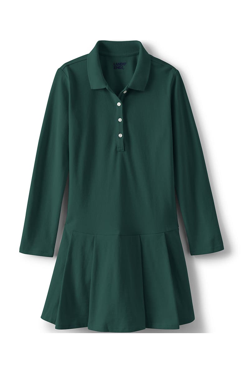 Lands' End Girls Long Sleeve Mesh Pleated Polo Dress, Alternate, color, Evergreen