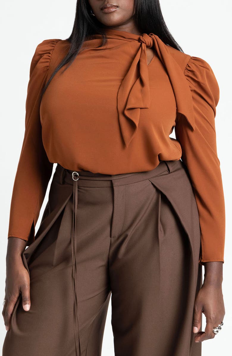 ELOQUII Puff Sleeve Tie Neck Stretch Crepe Blouse, Main, color, 