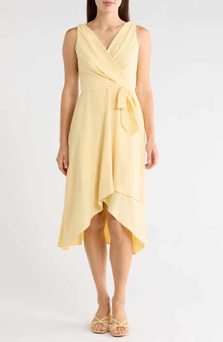 Connected Apparel Tie Belt Faux Wrap High-Low Dress
