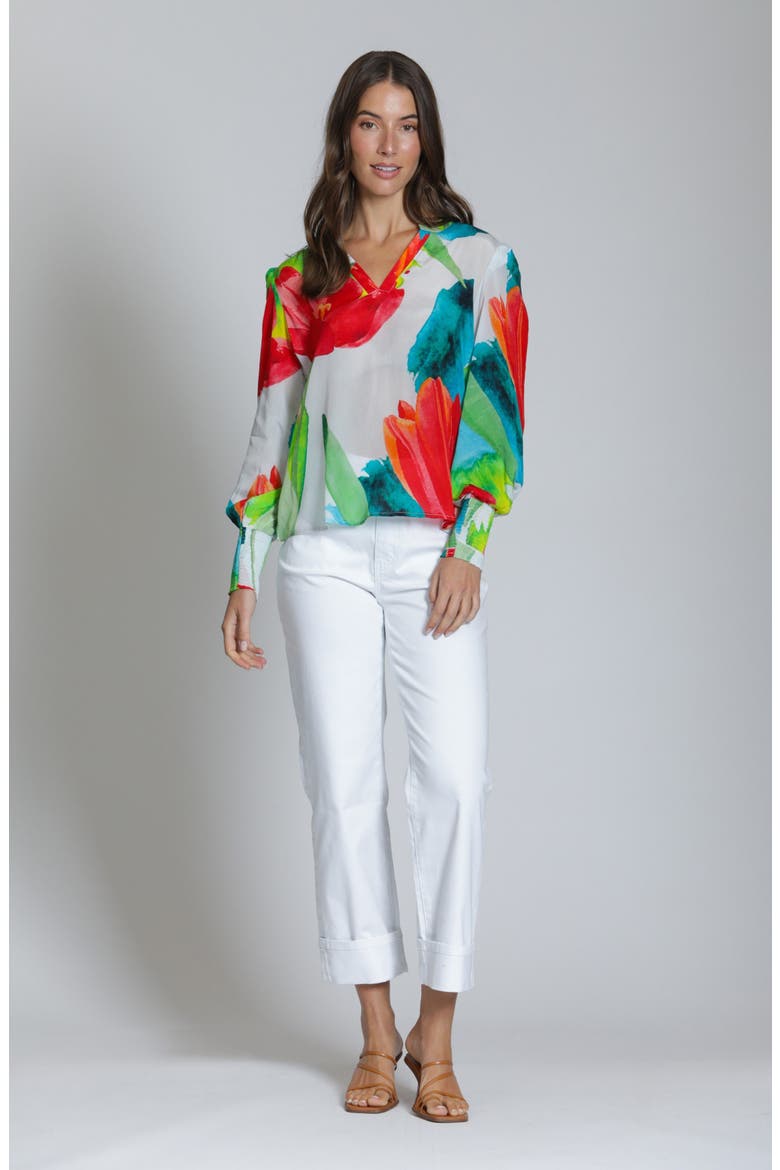 Print Smocked Cuff Top, Alternate, color, RED MULTI