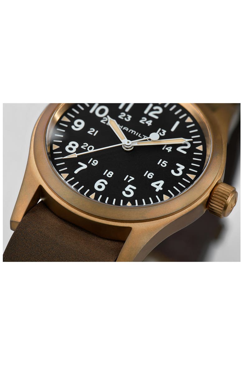 Khaki Field Mechanical Leather Strap Watch, 38mm, Alternate, color, BROWN