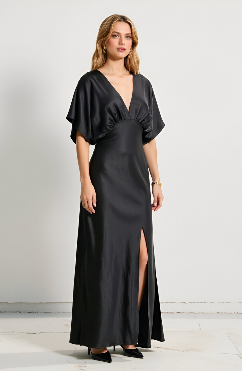 Modenaire V-Neck Maxi Dress with Gathered Empire Waist and Flutter Sleeves, Alternate, color, Black