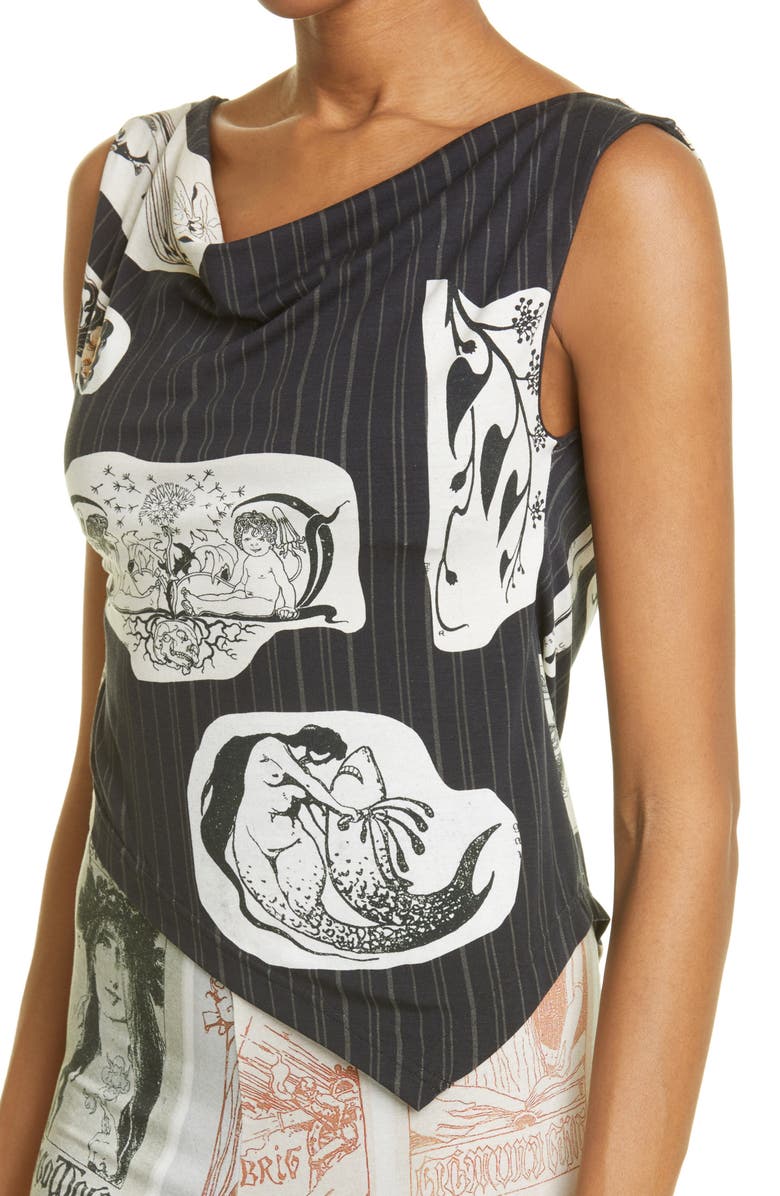 ELLISS Pinstripe Print Cowl Neck Asymmetric Stretch Organic Cotton Top, Alternate, color, 