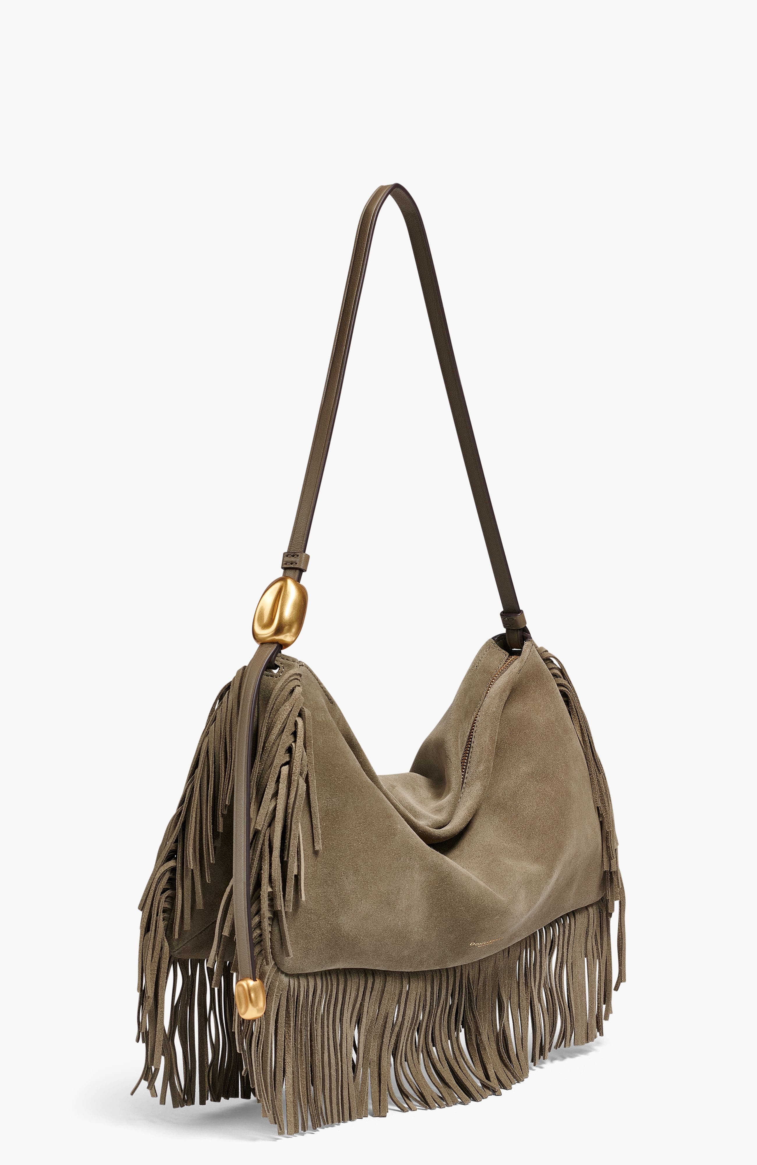 Velvet Suede Fringe Large Shoulder, Alternate, color, Truffle