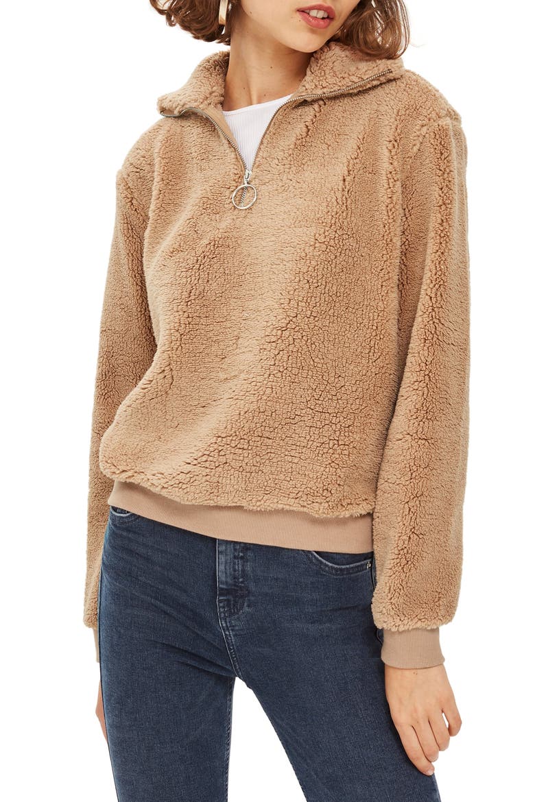 Borg Heart Quarter Zip Pullover, Main, color, TAN