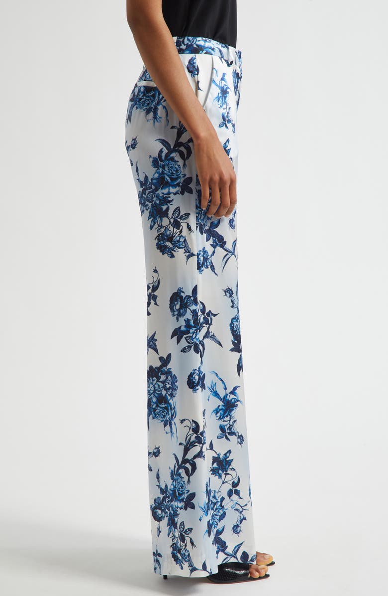 L'AGENCE Pilar Rose Print Wide Leg Silk Pants, Alternate, color, White/ Blue Painterly Floral