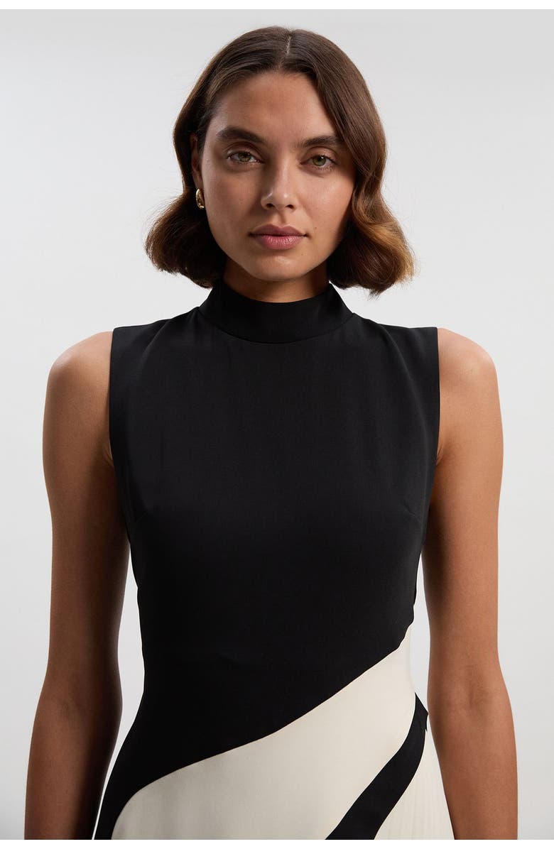 Karen Millen Block High Neck Pleated Midi Dress, Alternate, color, Mono